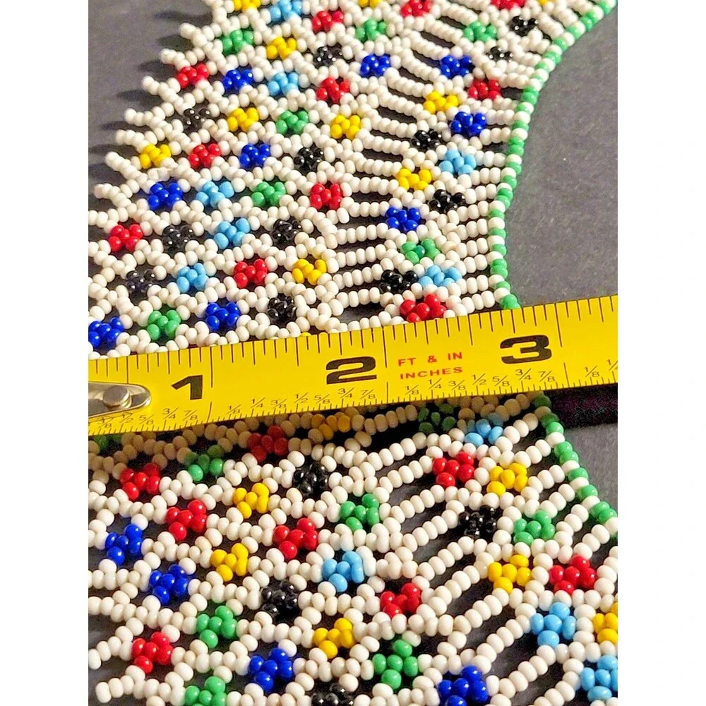 Vintage Artisan Netted Seed Bead Collar Necklace Bib Ukrainian Style Colorful 12